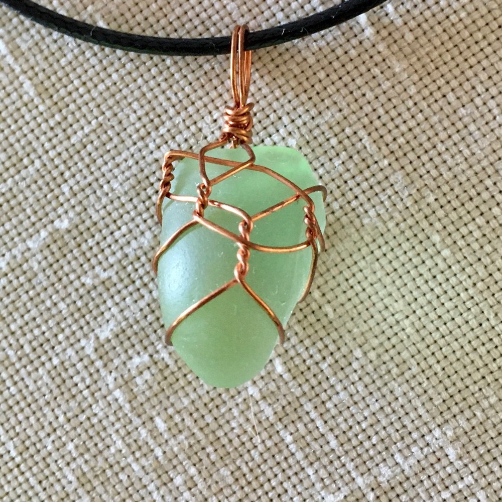 HAND CRAFTED Wire Wrapped Vintage Green Glass Pendant Necklace